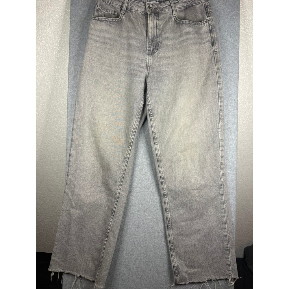 Zara High Rise Wide Leg Jeans Gray Denim Frayed Hem Women Size 4
